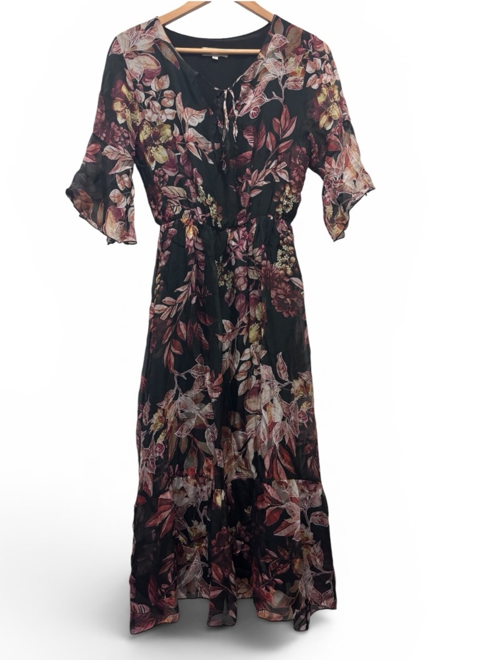 Floral Tie-Neck Maxi Dress in Black with Rose Floral Print (AS IS)
SILK BLEND - Picture 2 of 10